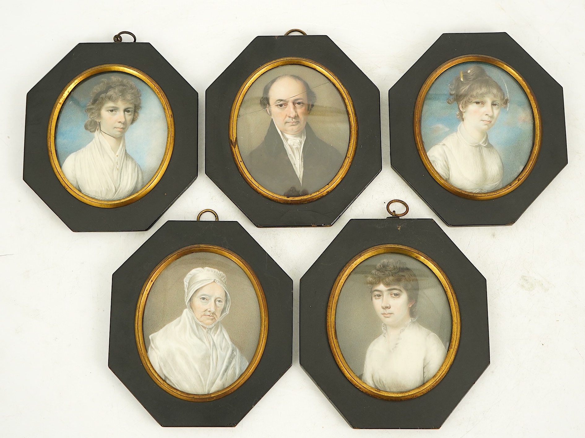 John Hazlitt (British, 1767-1837) , Portrait miniatures of five family members, watercolour on ivory (5), 8 x 6.5cm CITES Submission reference 92DPS9ES